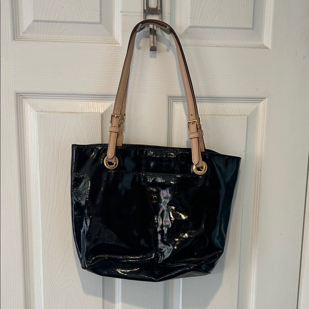 Michael Kors Shiny Black Tote with Tan Straps - Picture 3 of 3